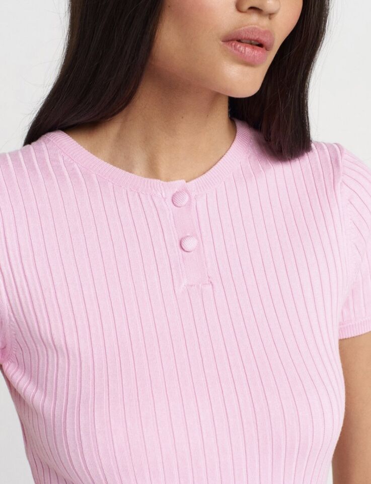 Bisiklet Yaka 2 Düğmeli Triko Bluz Pembe