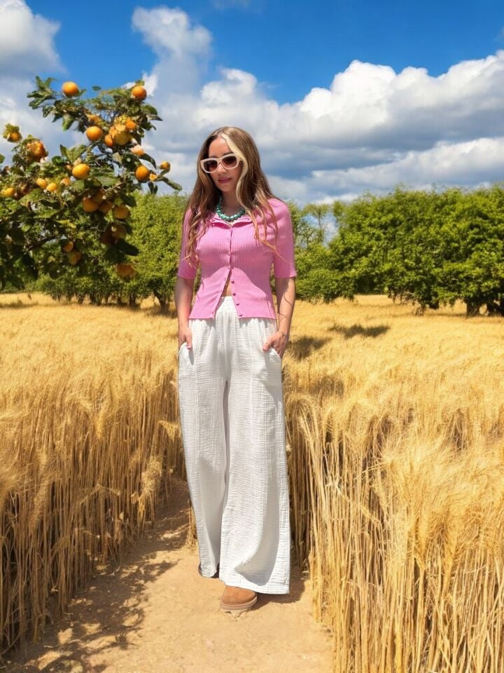 Düğmeli Kısa Kol Triko Bluz Hırka Pembe