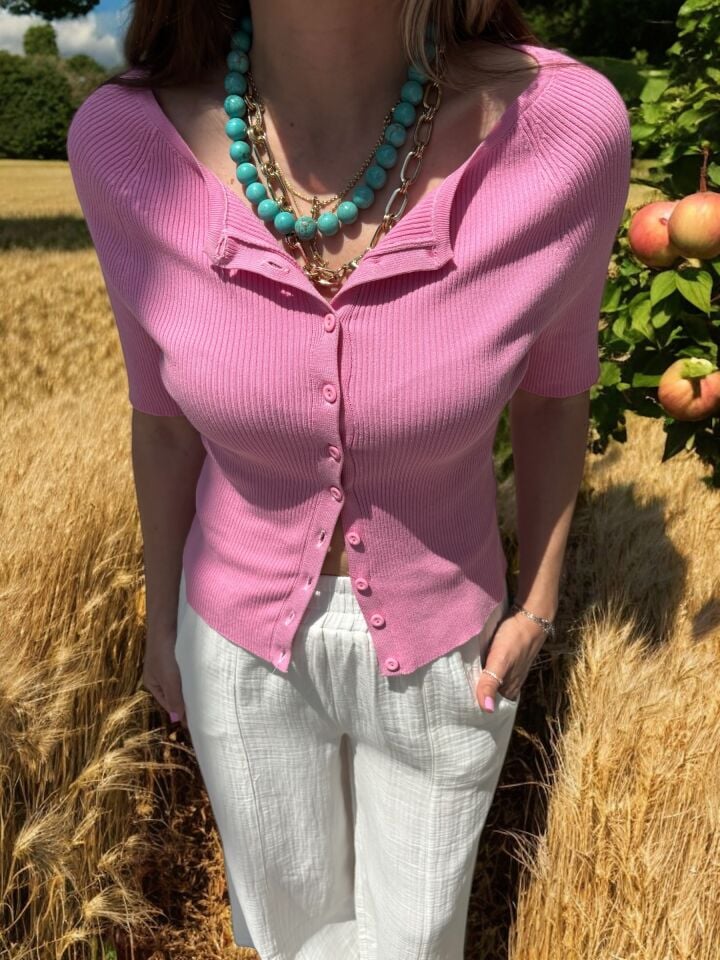 Düğmeli Kısa Kol Triko Bluz Hırka Pembe