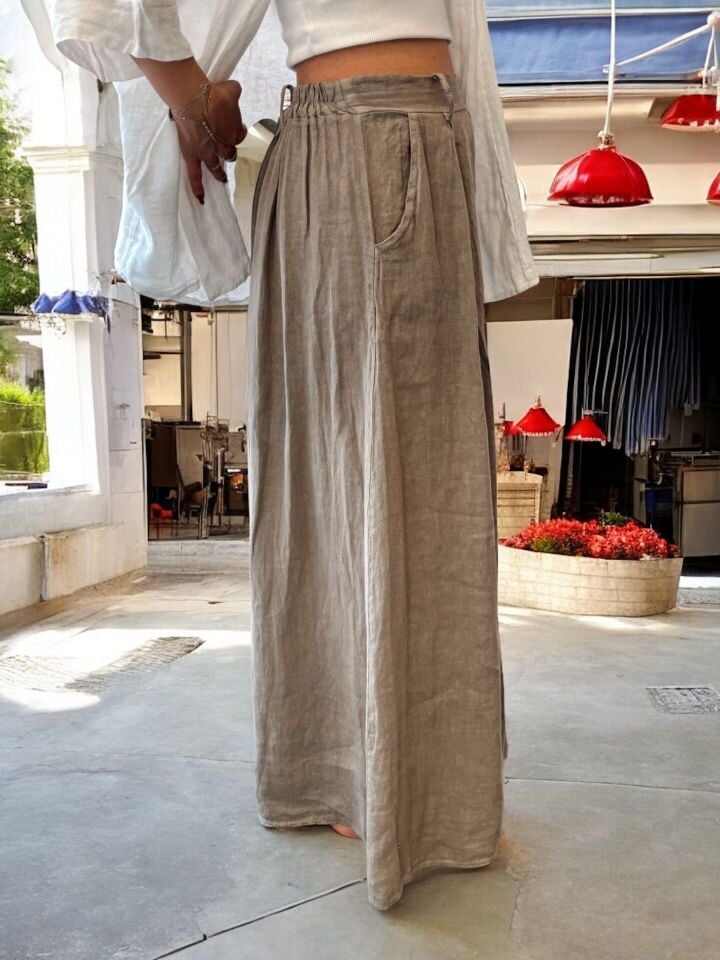 İtalyan Premium Tasarım Keten Pantolon Vizon