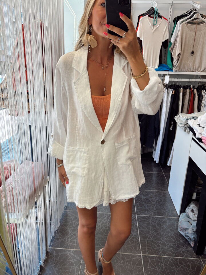 İthal Kruvaze Yaka Cepli Uzun Keten Ceket Beyaz