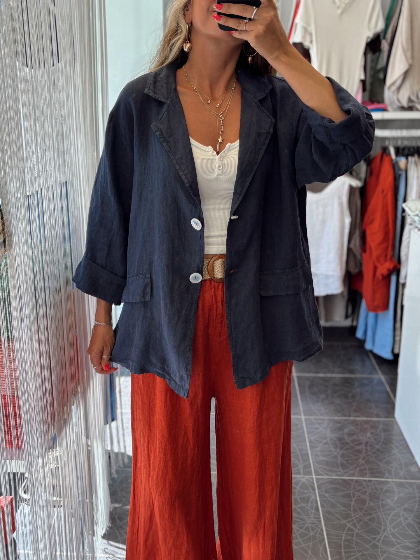 İtalyan Keten Kruvaze Çift Düğmeli Ceket Lacivert