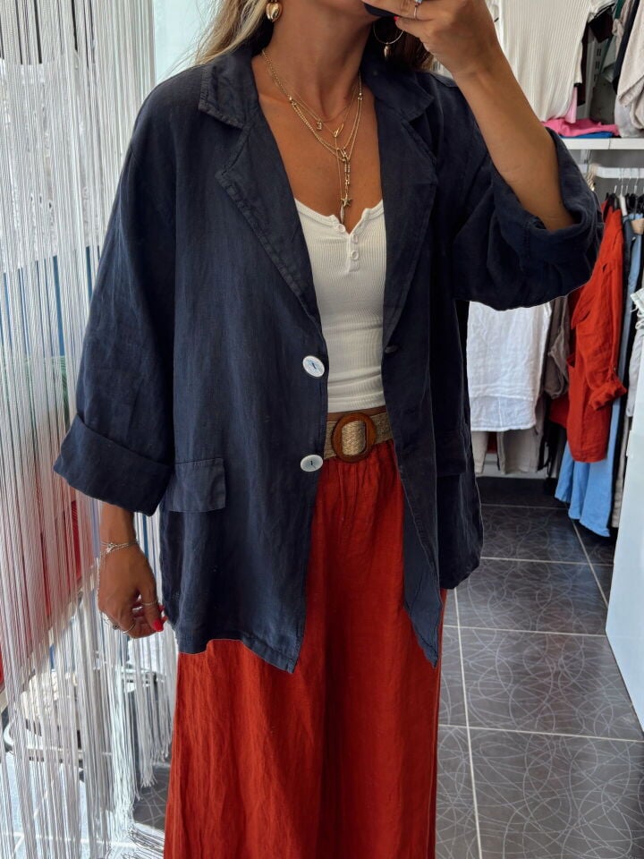 İtalyan Keten Kruvaze Çift Düğmeli Ceket Lacivert