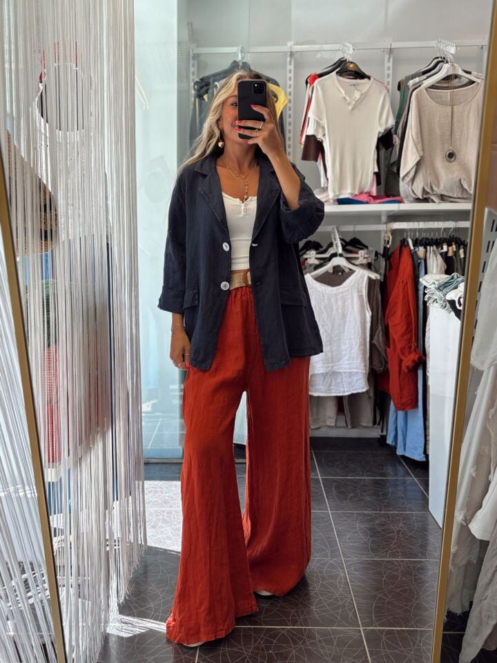 İtalyan Keten Kruvaze Çift Düğmeli Ceket Lacivert