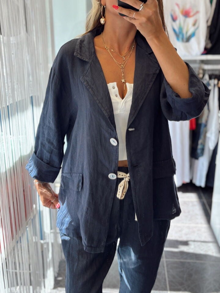 İtalyan Keten Kruvaze Çift Düğmeli Ceket Lacivert