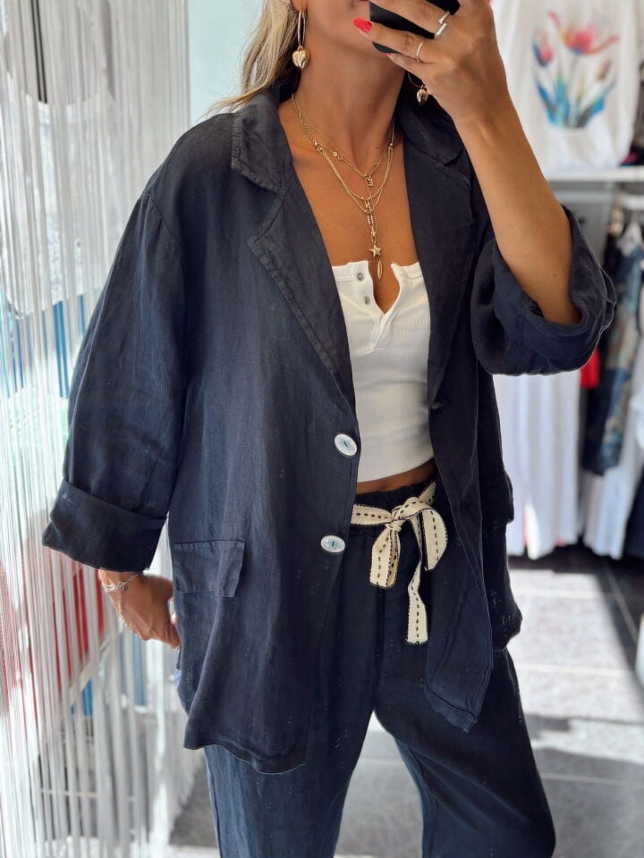 İtalyan Keten Kruvaze Çift Düğmeli Ceket Lacivert