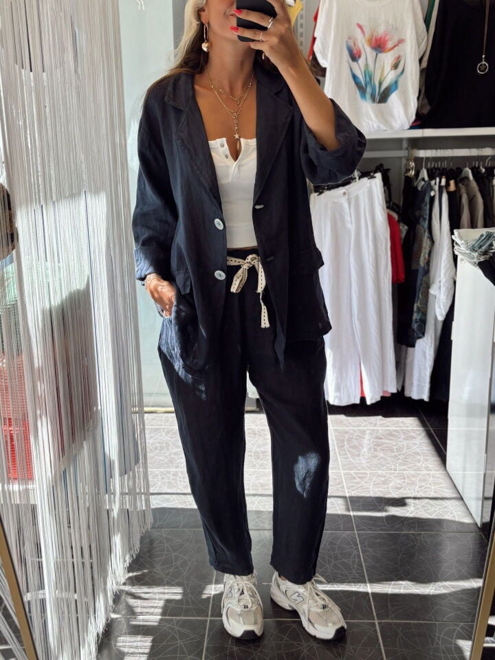 İtalyan Keten Kruvaze Çift Düğmeli Ceket Lacivert