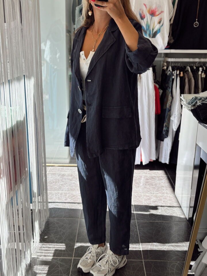 İtalyan Keten Kruvaze Çift Düğmeli Ceket Lacivert