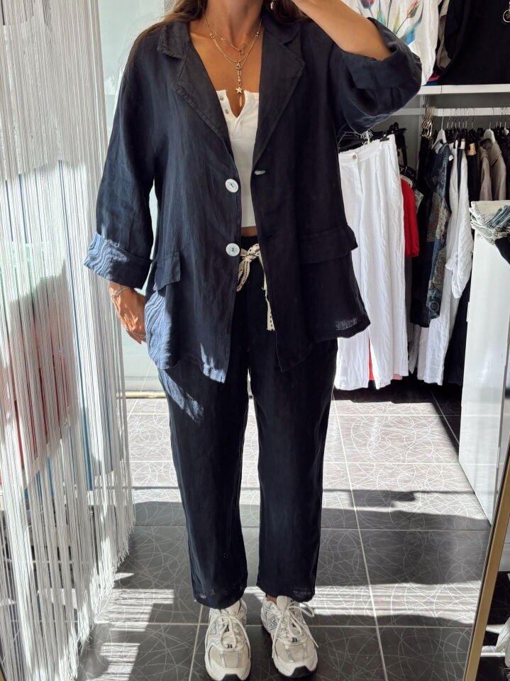 İtalyan Keten Kruvaze Çift Düğmeli Ceket Lacivert