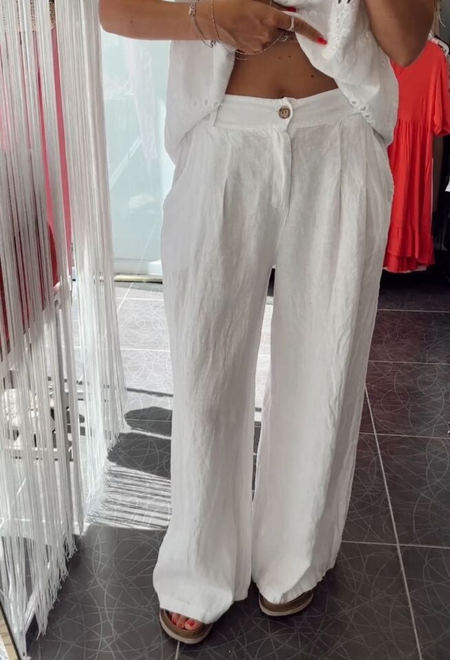 İthal Keten Palazzo Pantolon Beyaz