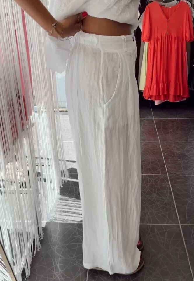İthal Keten Palazzo Pantolon Beyaz