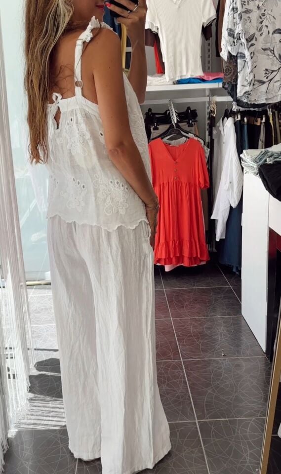 İthal Keten Palazzo Pantolon Beyaz