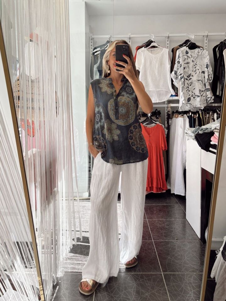 İthal Keten Palazzo Pantolon Beyaz