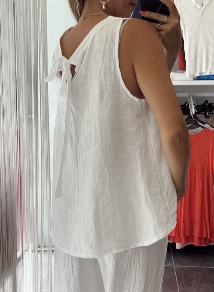 İthal Keten Sırtı Bağlama Detaylı Bluz Beyaz