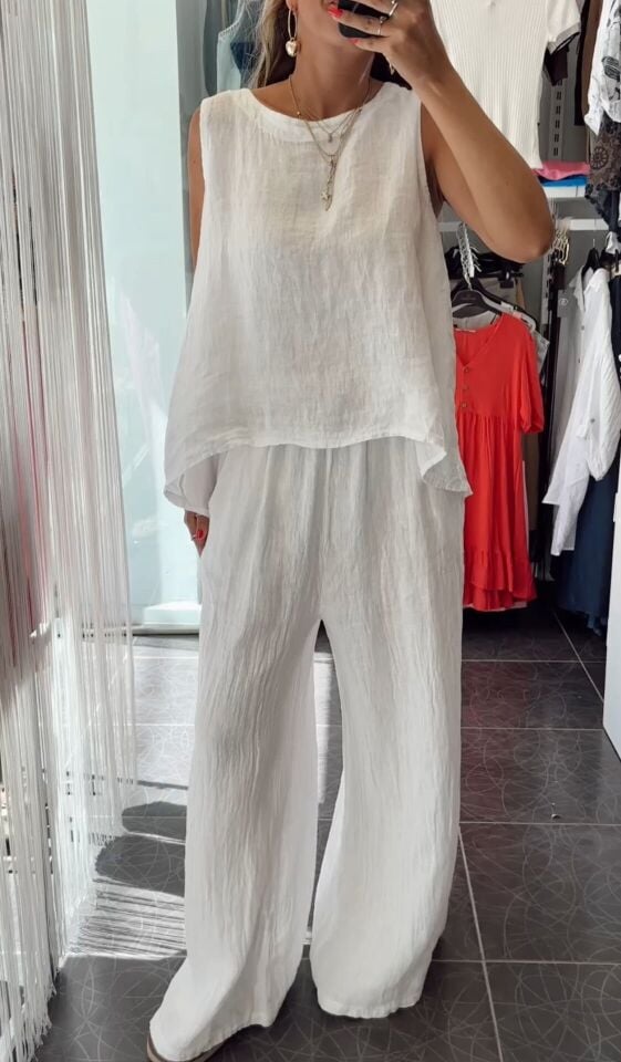 İthal Keten Sırtı Bağlama Detaylı Bluz Beyaz