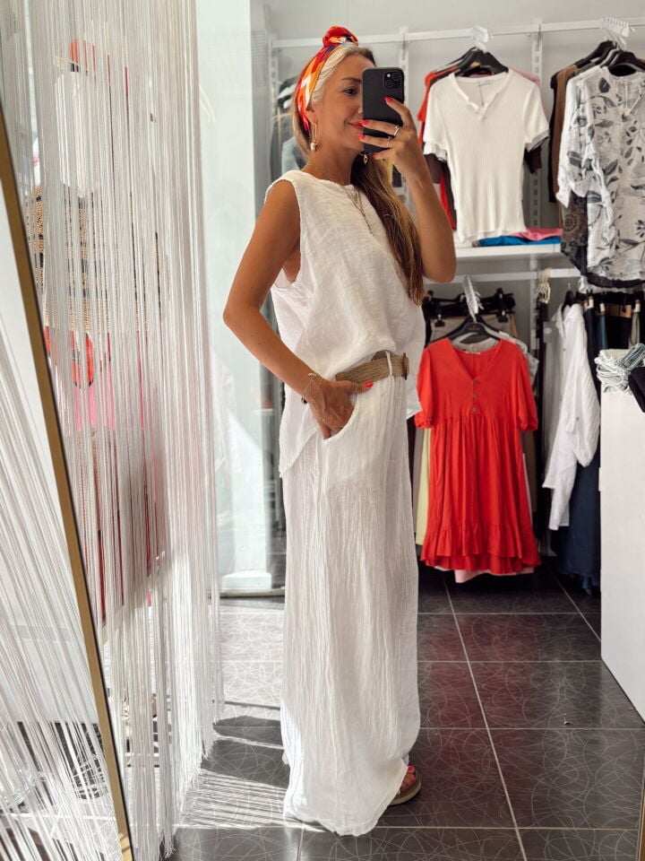 İthal Keten Sırtı Bağlama Detaylı Bluz Beyaz