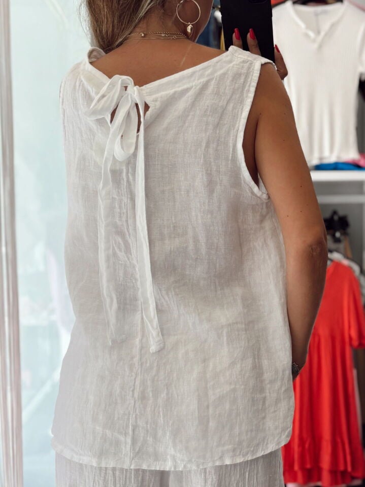 İthal Keten Sırtı Bağlama Detaylı Bluz Beyaz