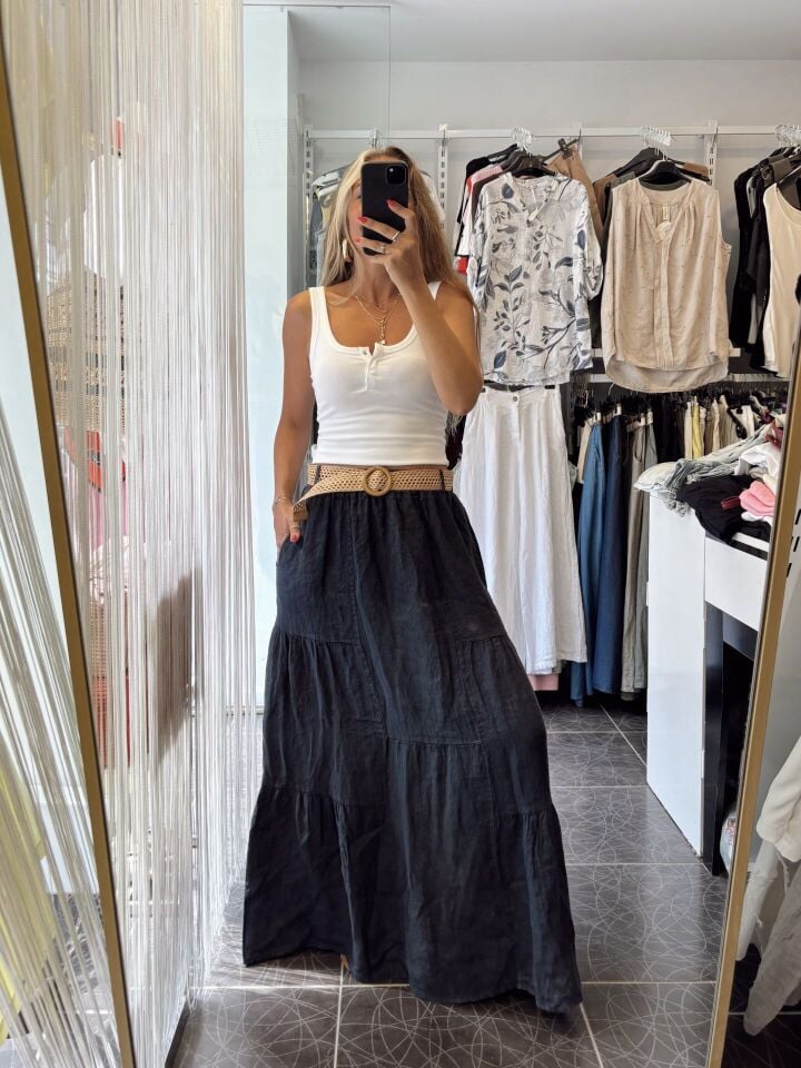 İthal Keten Kemerli Maxi Etek Lacivert