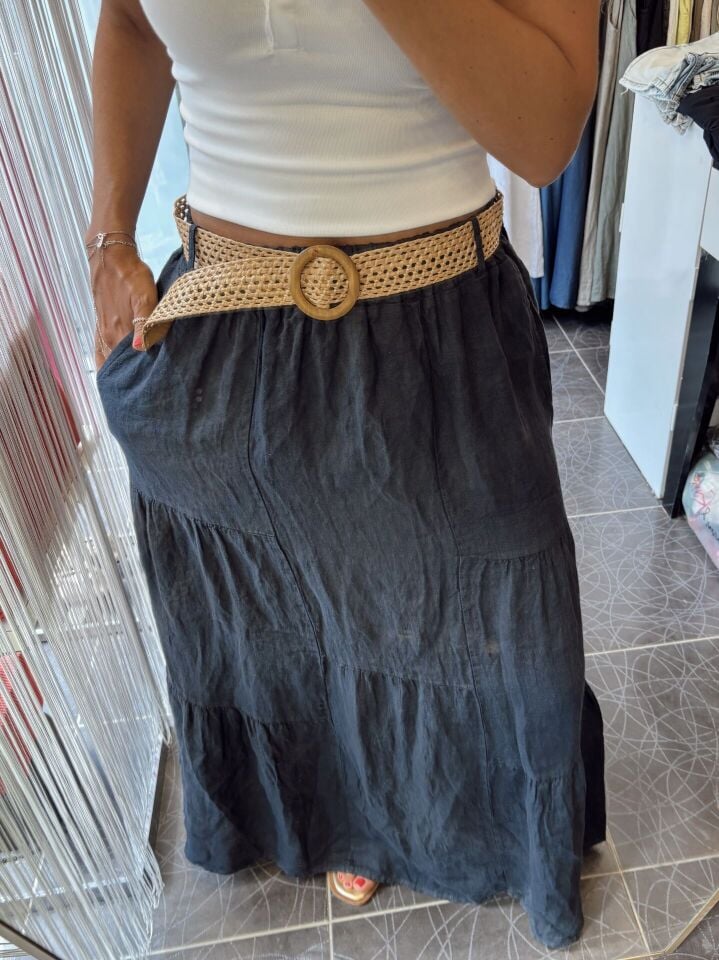 İthal Keten Kemerli Maxi Etek Lacivert