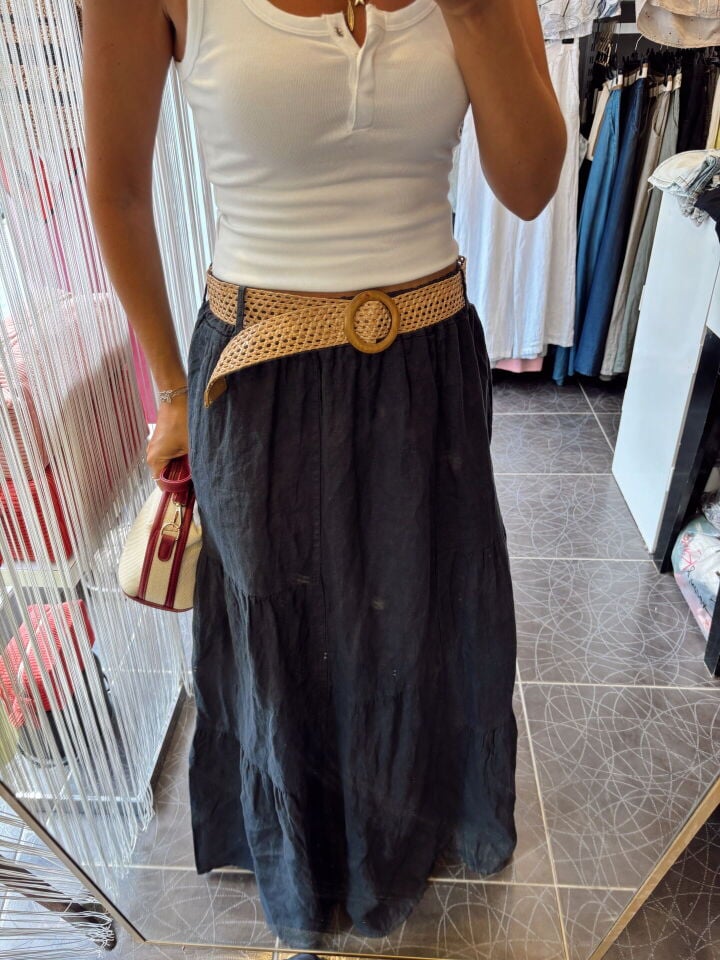 İthal Keten Kemerli Maxi Etek Lacivert