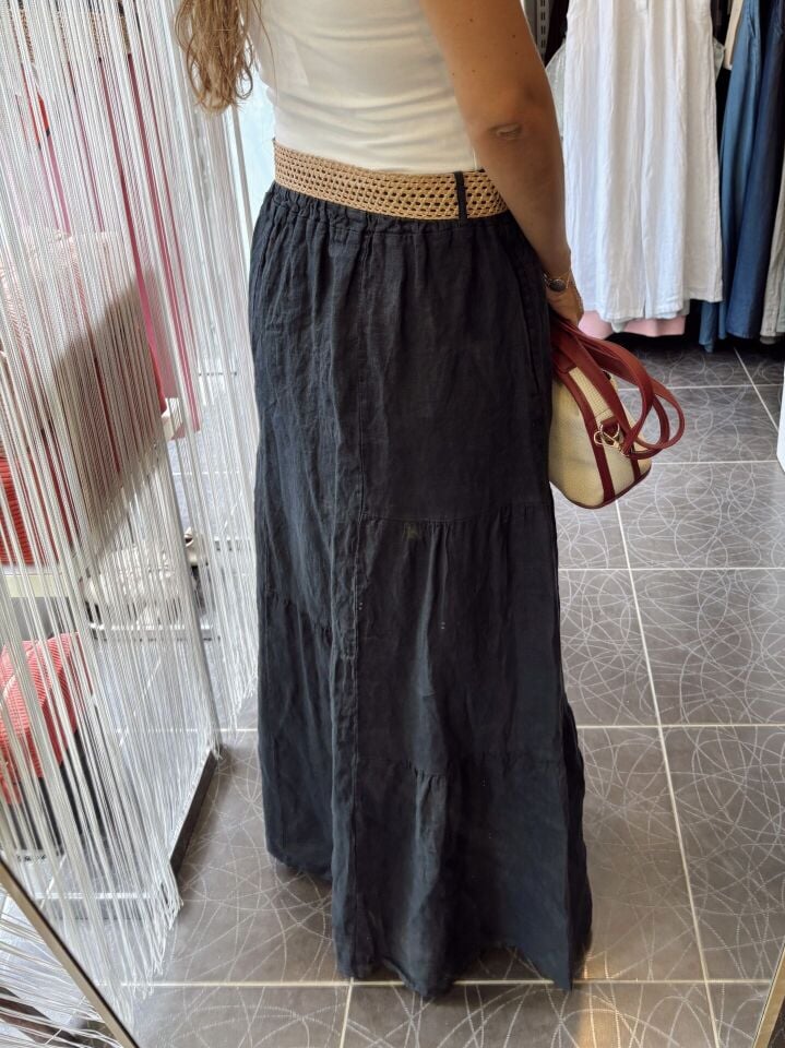 İthal Keten Kemerli Maxi Etek Lacivert