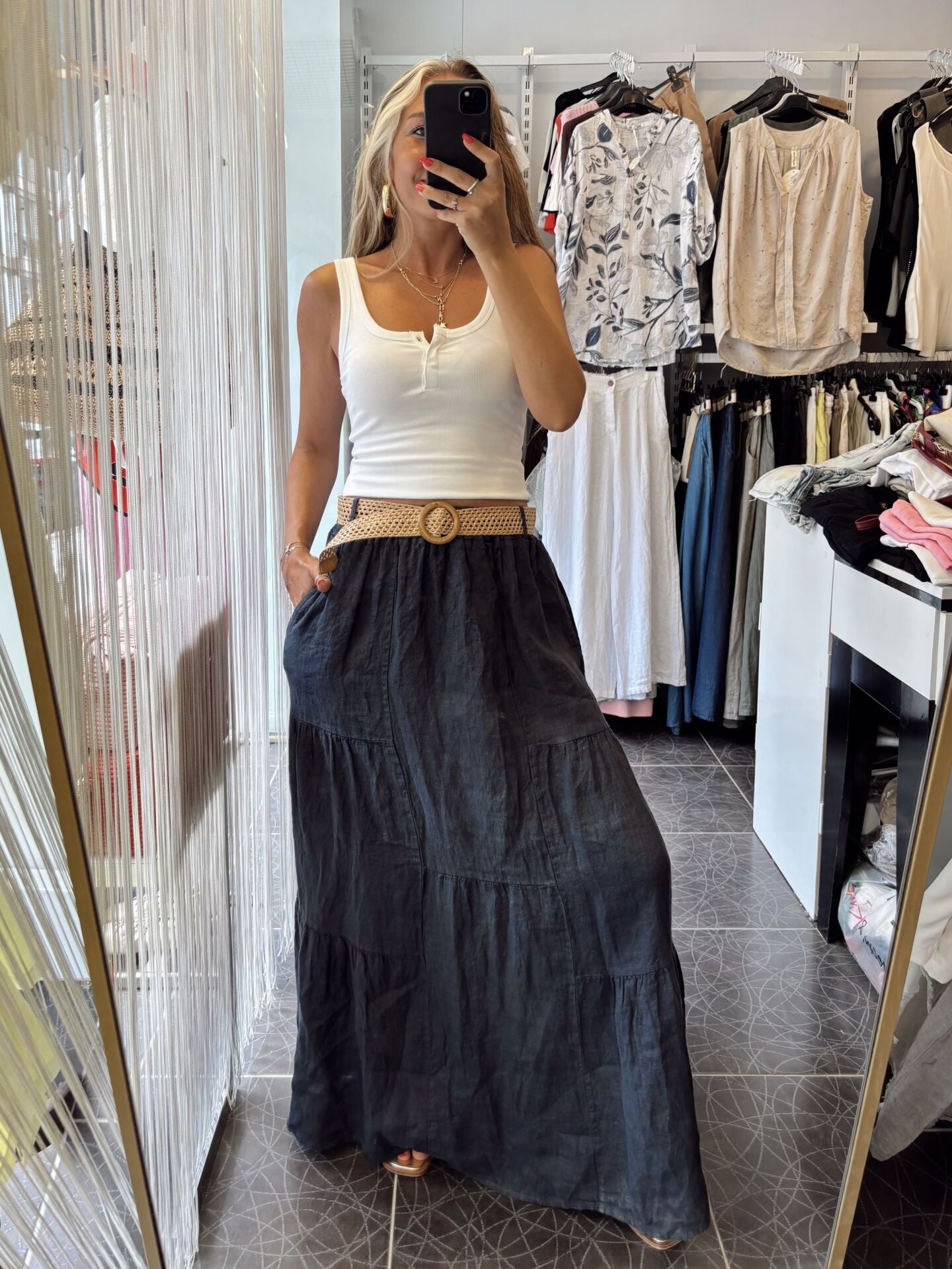 İthal Keten Kemerli Maxi Etek Lacivert