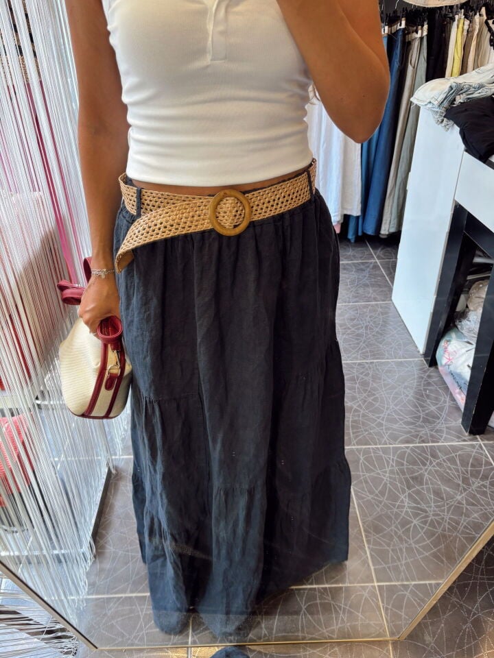 İthal Keten Kemerli Maxi Etek Lacivert