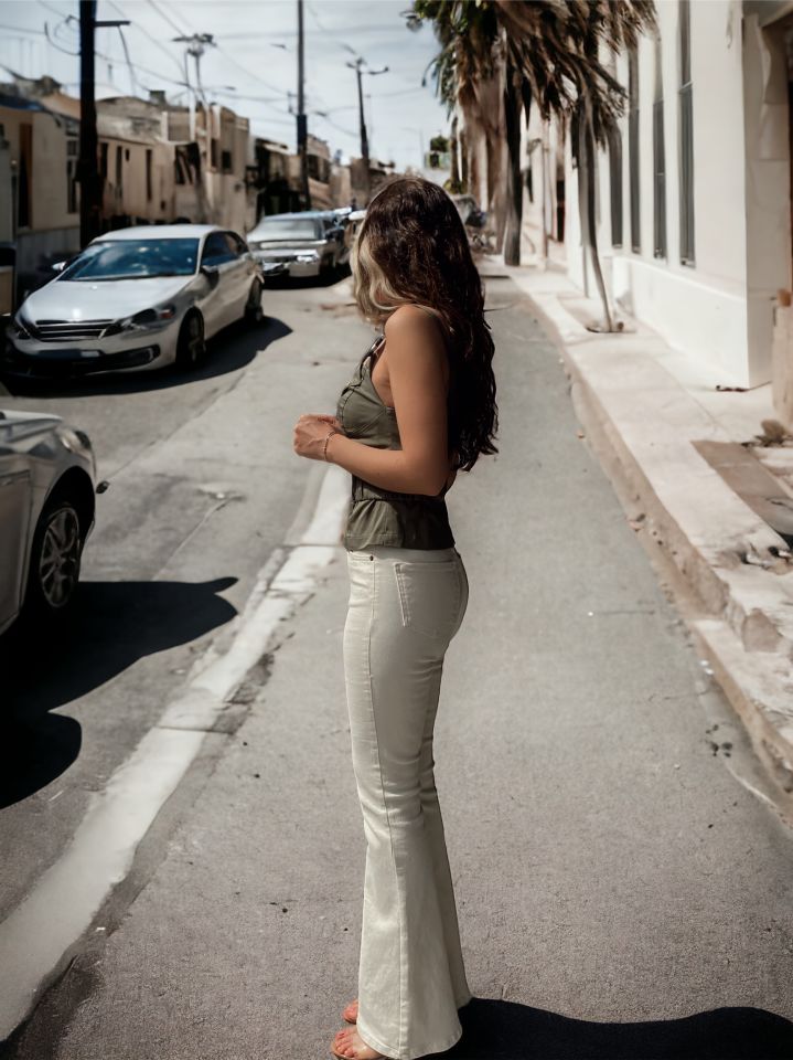 İspanyol Paça Denim Pantolon Ekru