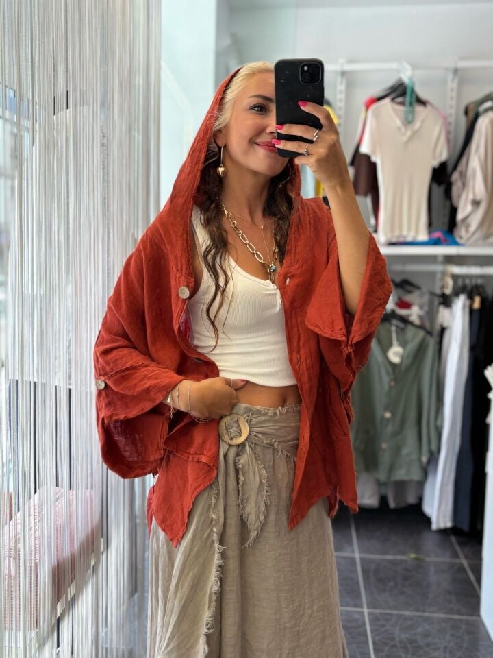 İtalyan Keten Kapüşonlu Tasarım Ceket Kiremit