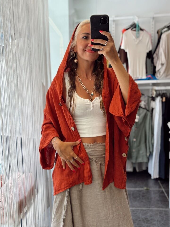 İtalyan Keten Kapüşonlu Tasarım Ceket Kiremit