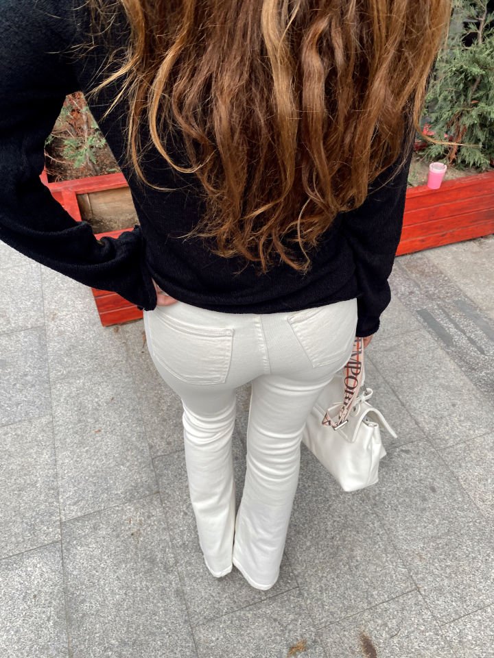 İspanyol Paça Denim Pantolon Ekru