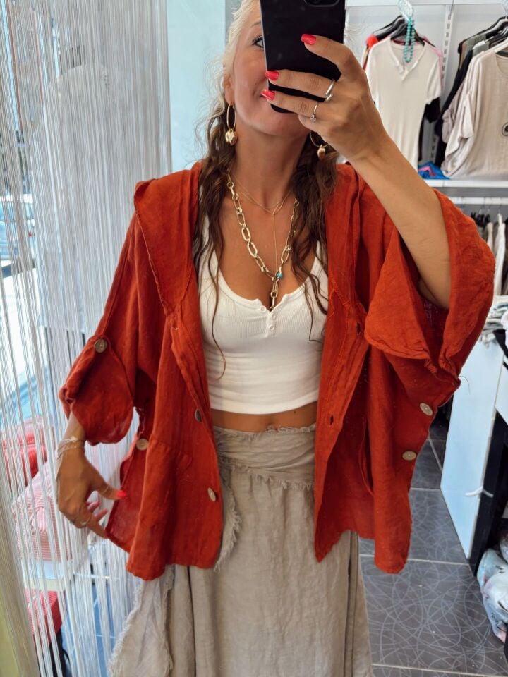 İtalyan Keten Kapüşonlu Tasarım Ceket Kiremit