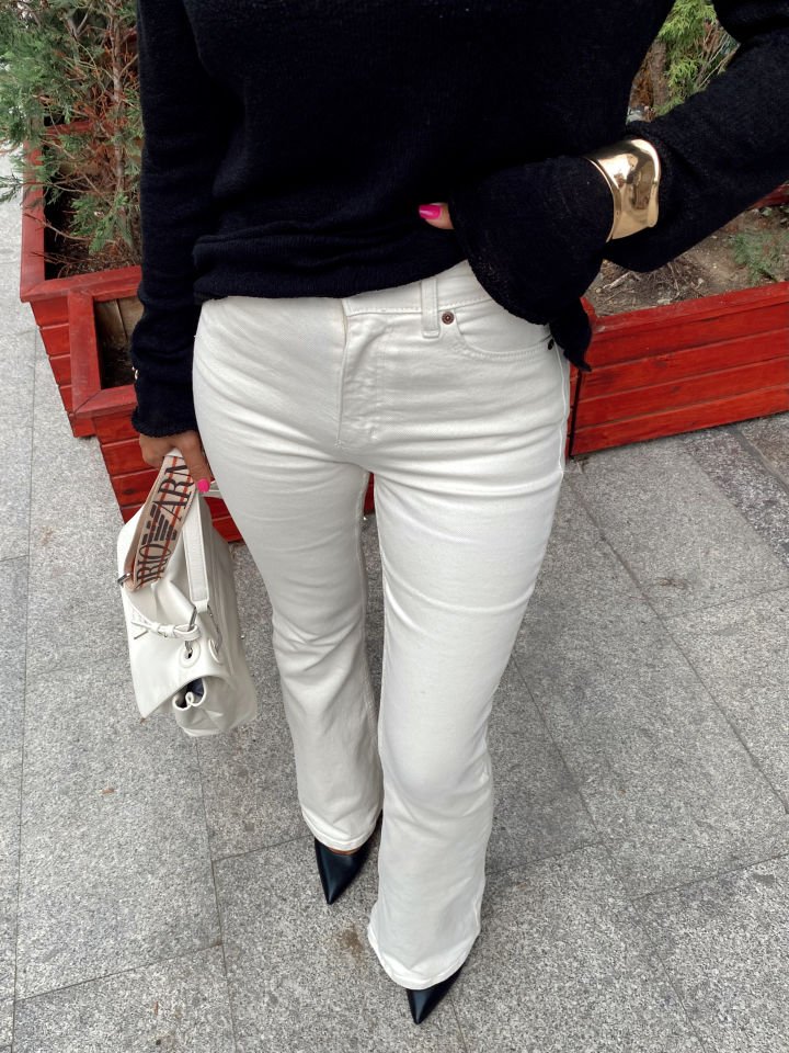 İspanyol Paça Denim Pantolon Ekru