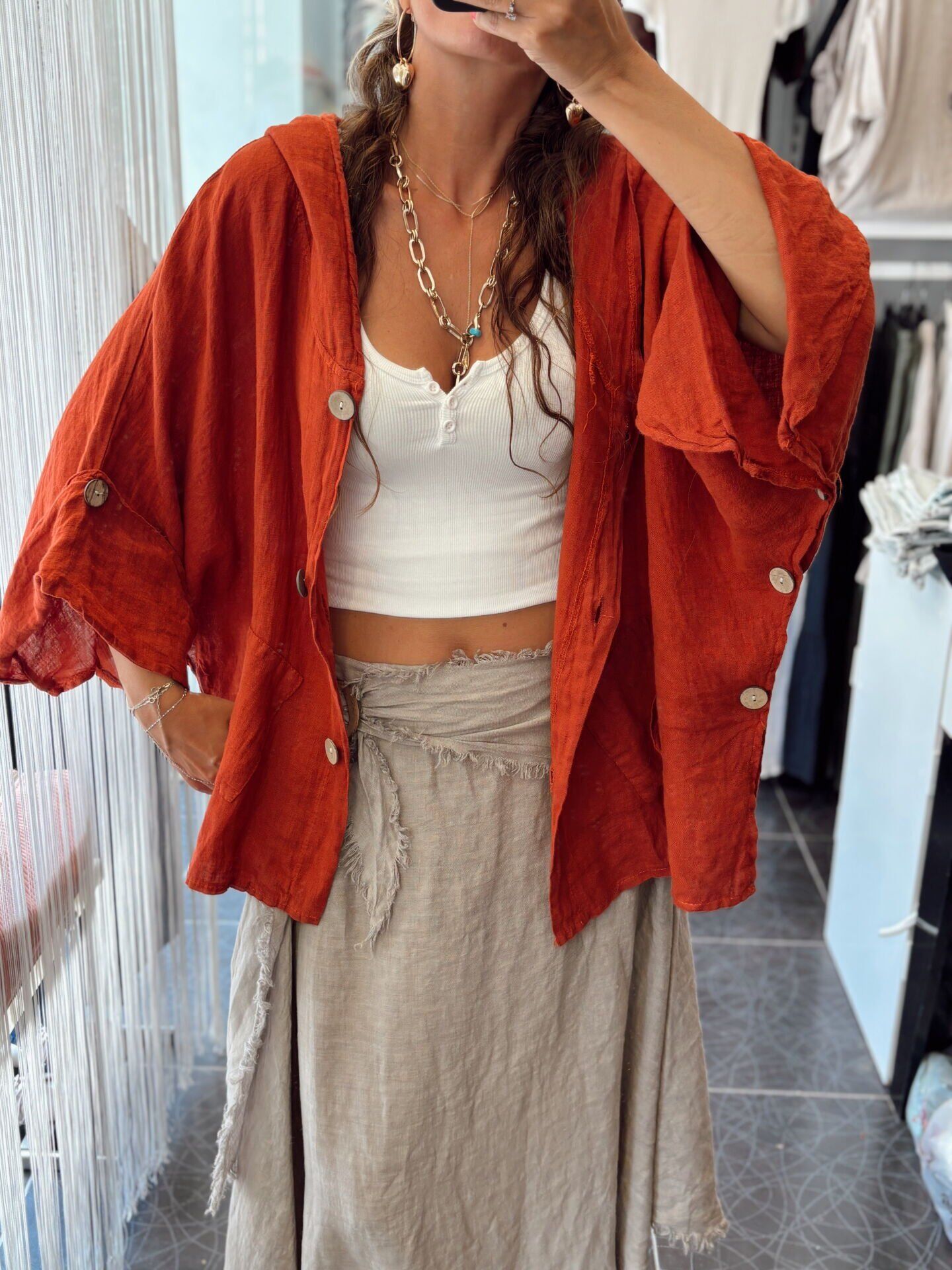 İtalyan Keten Kapüşonlu Tasarım Ceket Kiremit