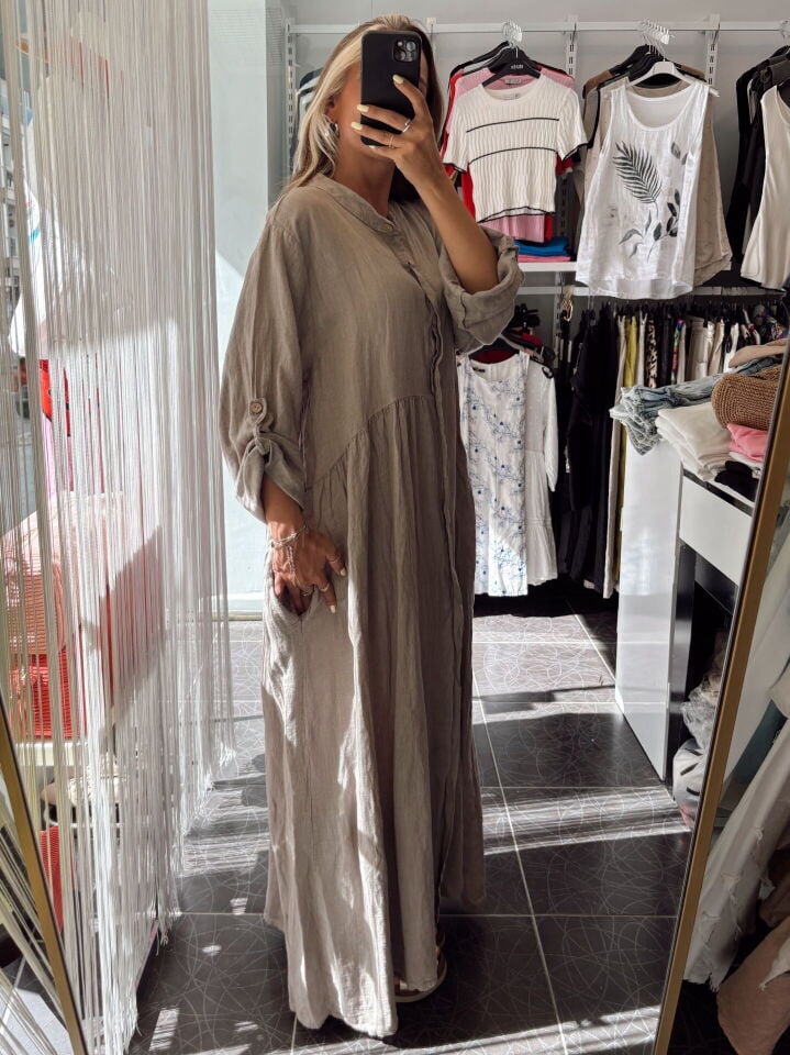 İtalyan Uzun Kol Maxi Keten Elbise Vizon