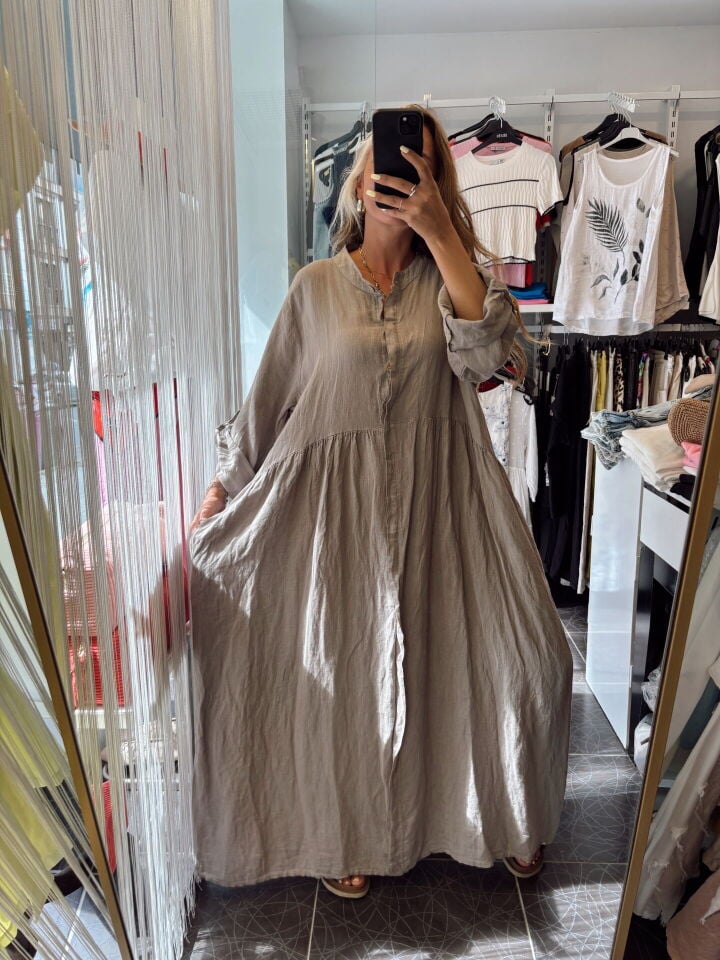 İtalyan Uzun Kol Maxi Keten Elbise Vizon