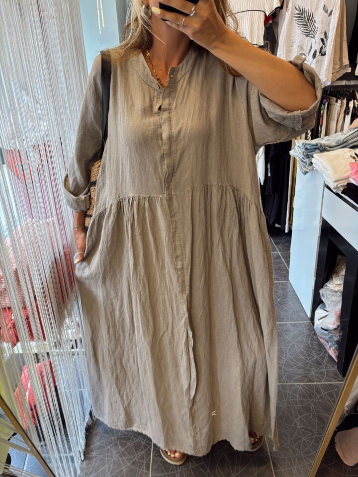 İtalyan Uzun Kol Maxi Keten Elbise Vizon