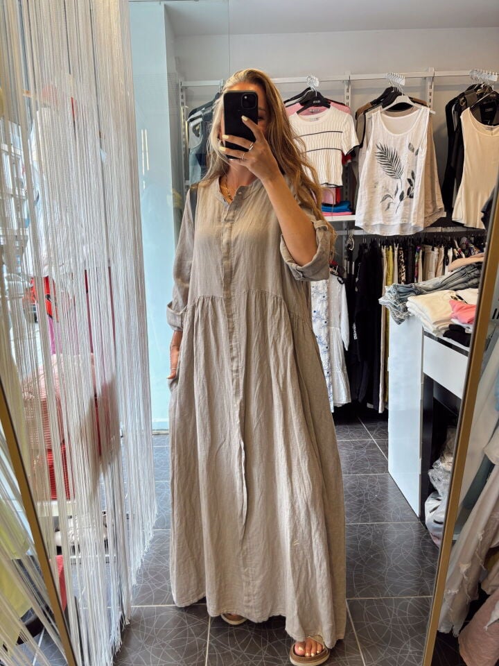 İtalyan Uzun Kol Maxi Keten Elbise Vizon