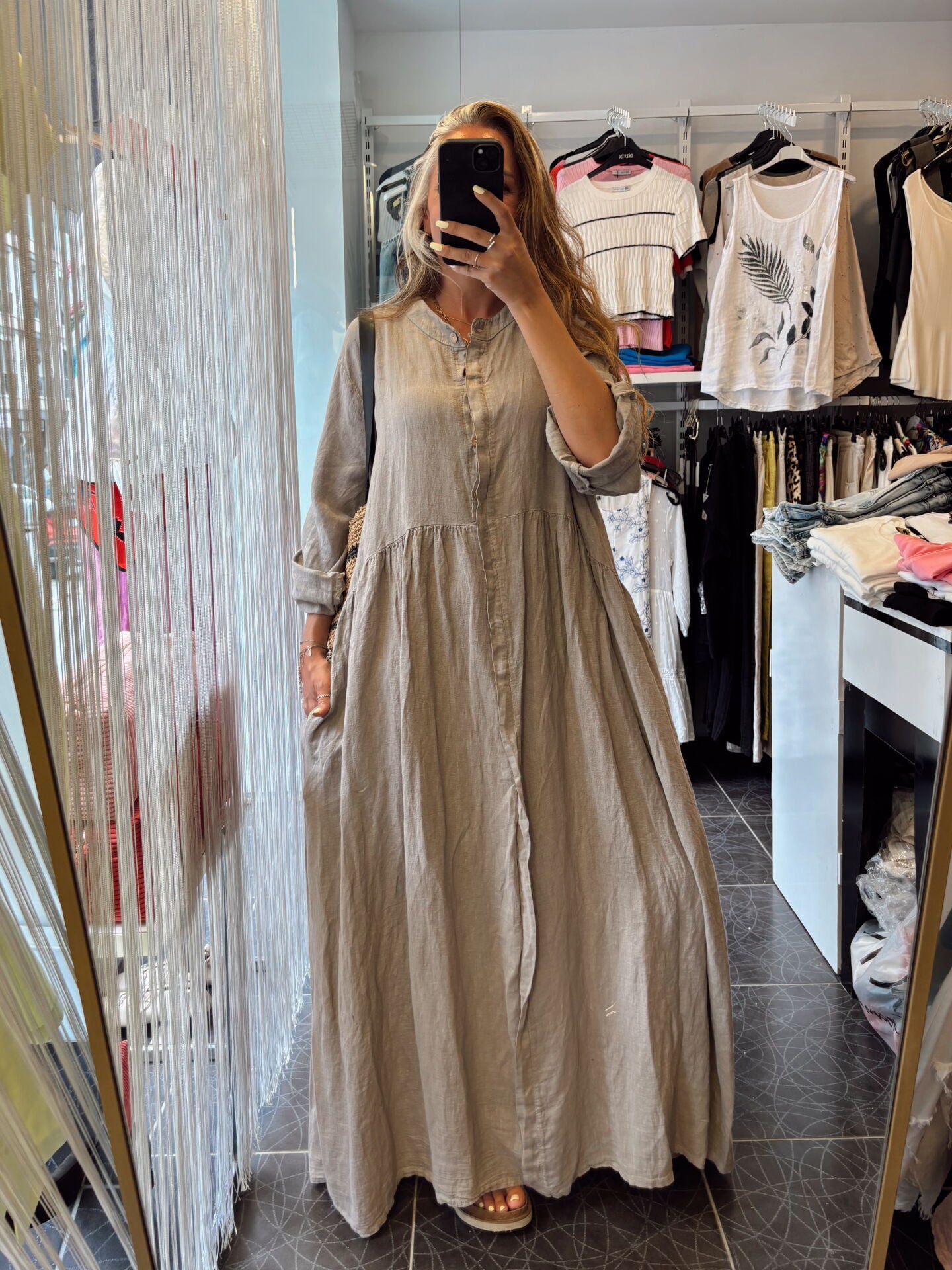 İtalyan Uzun Kol Maxi Keten Elbise Vizon