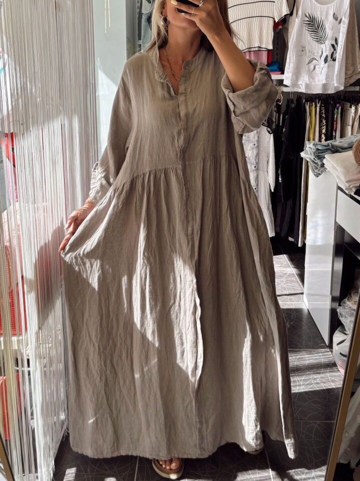 İtalyan Uzun Kol Maxi Keten Elbise Vizon