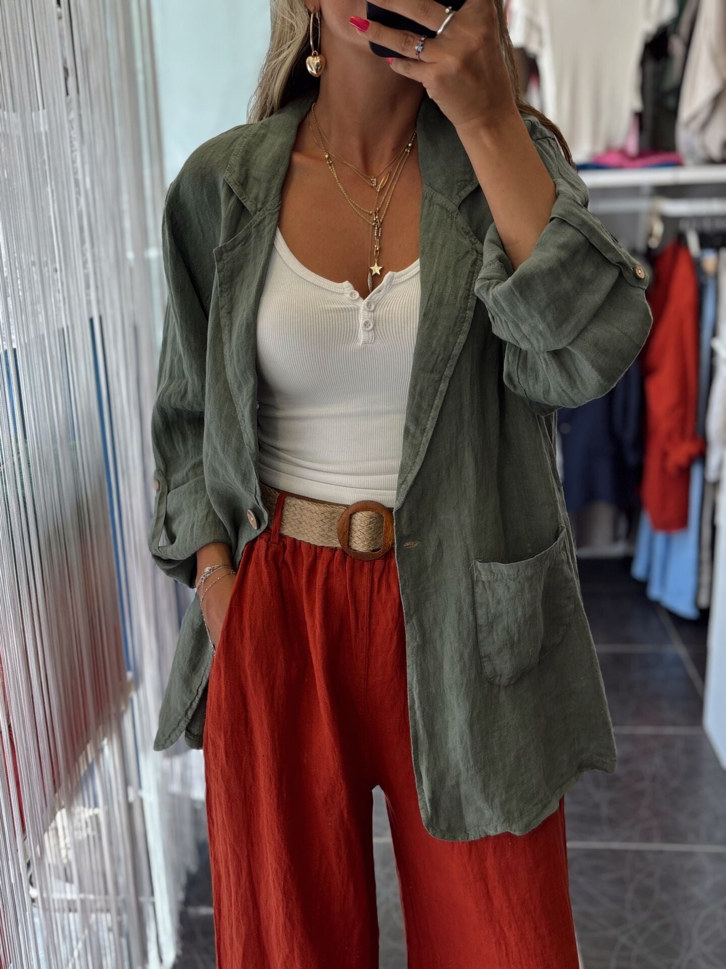 İthal Kruvaze Yaka Cepli Uzun Keten Ceket Haki