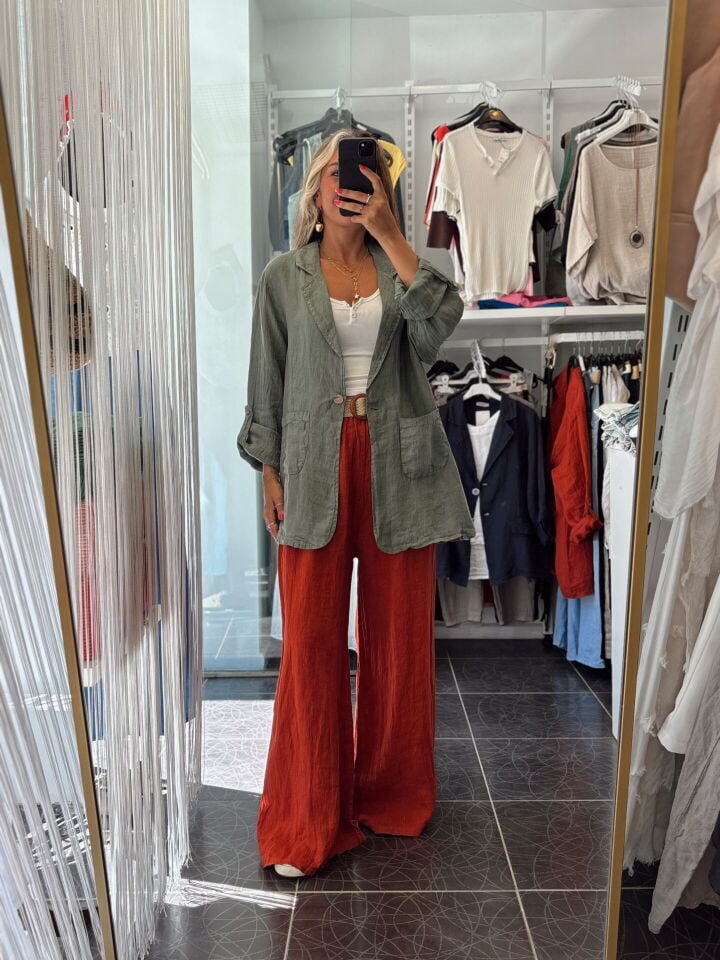 İthal Kruvaze Yaka Cepli Uzun Keten Ceket Haki