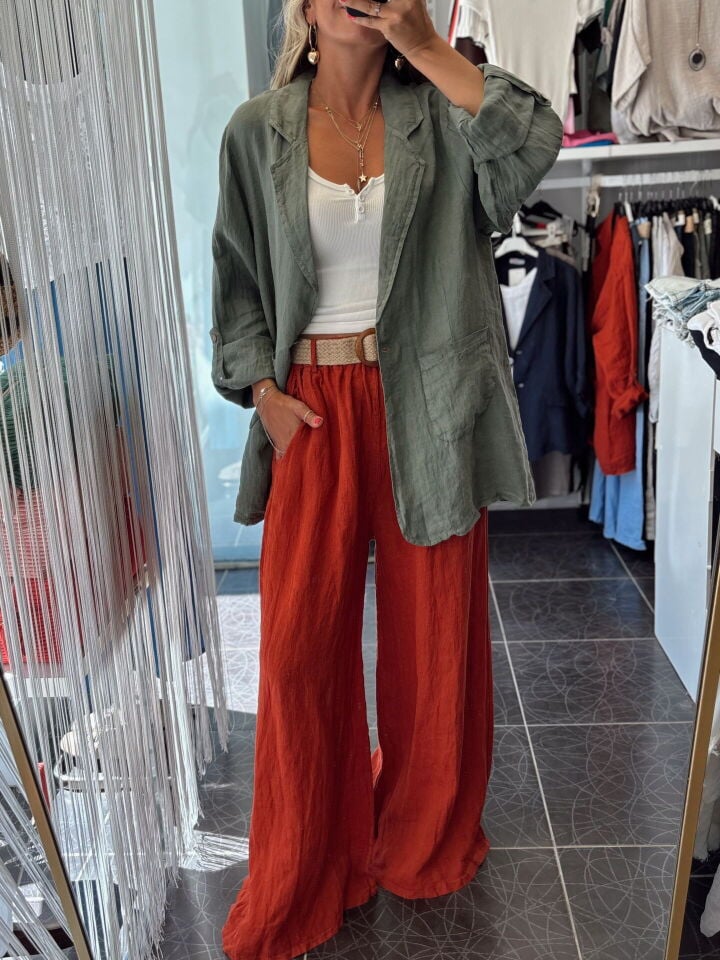 İthal Kruvaze Yaka Cepli Uzun Keten Ceket Haki