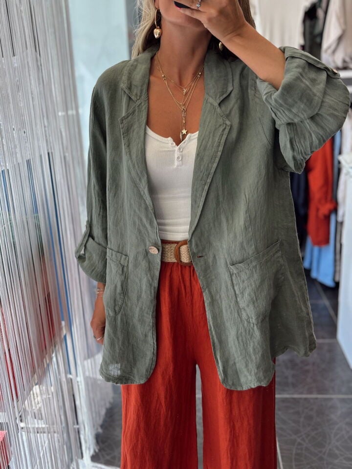 İthal Kruvaze Yaka Cepli Uzun Keten Ceket Haki