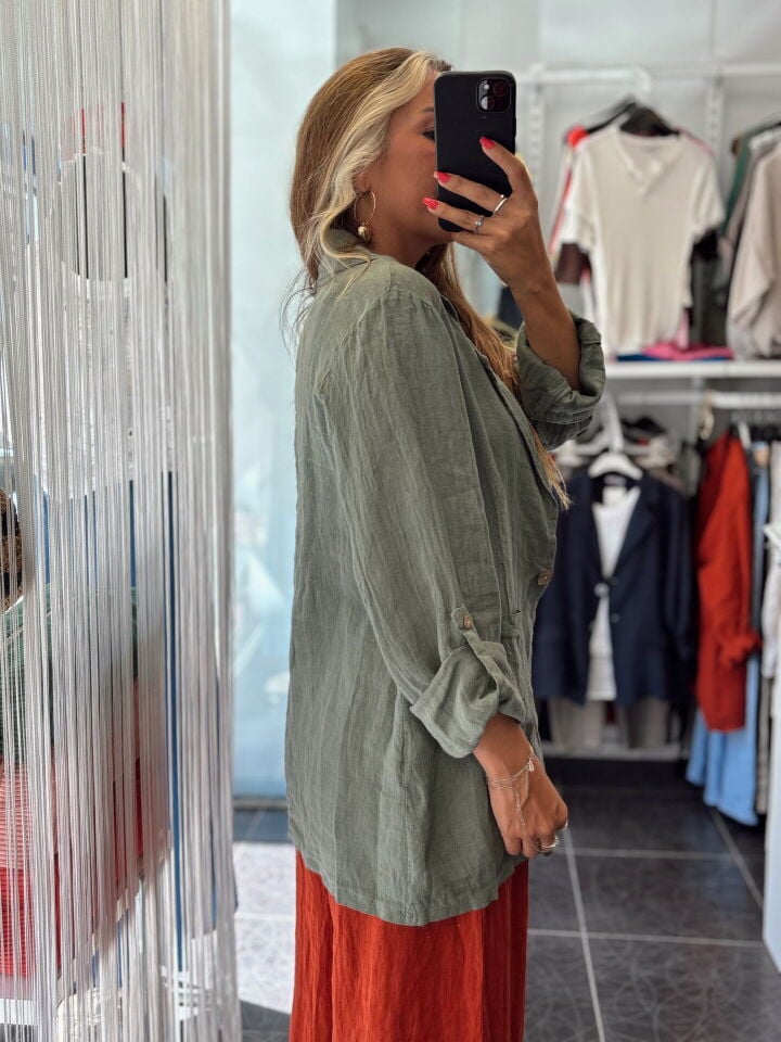 İthal Kruvaze Yaka Cepli Uzun Keten Ceket Haki