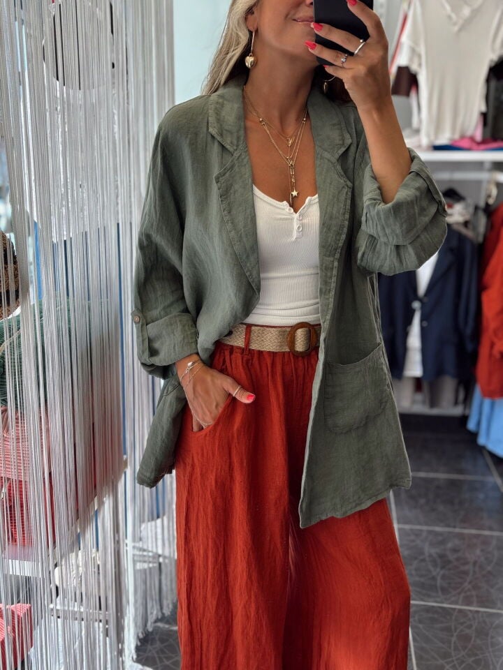 İthal Kruvaze Yaka Cepli Uzun Keten Ceket Haki