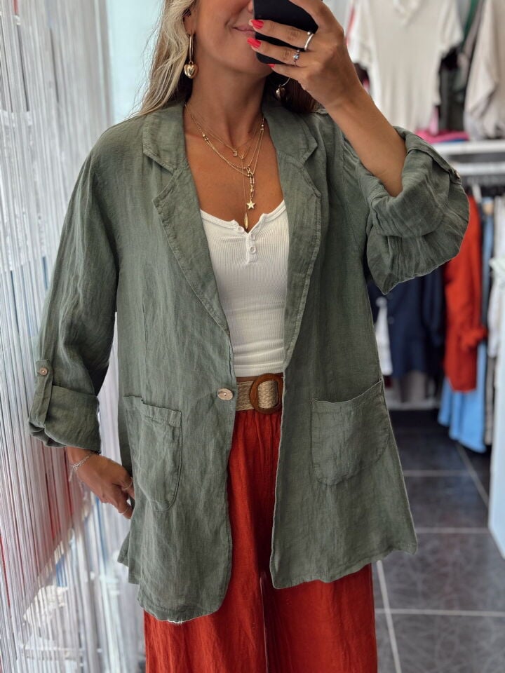 İthal Kruvaze Yaka Cepli Uzun Keten Ceket Haki