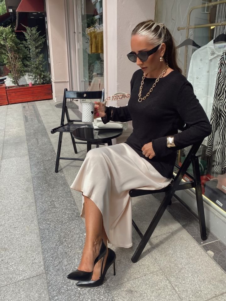 Beli Lastikli Saten Midi Etek Bej