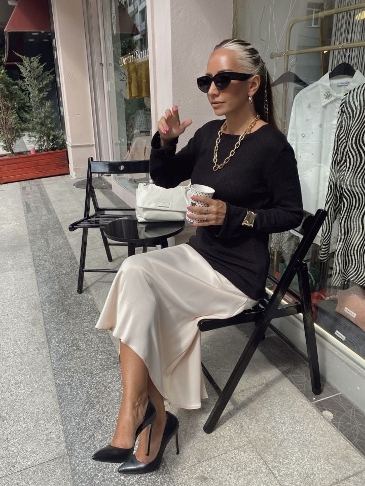 Beli Lastikli Saten Midi Etek Bej