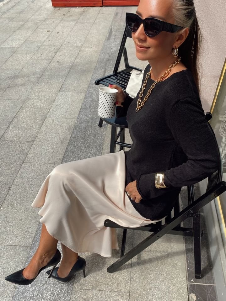 Beli Lastikli Saten Midi Etek Bej